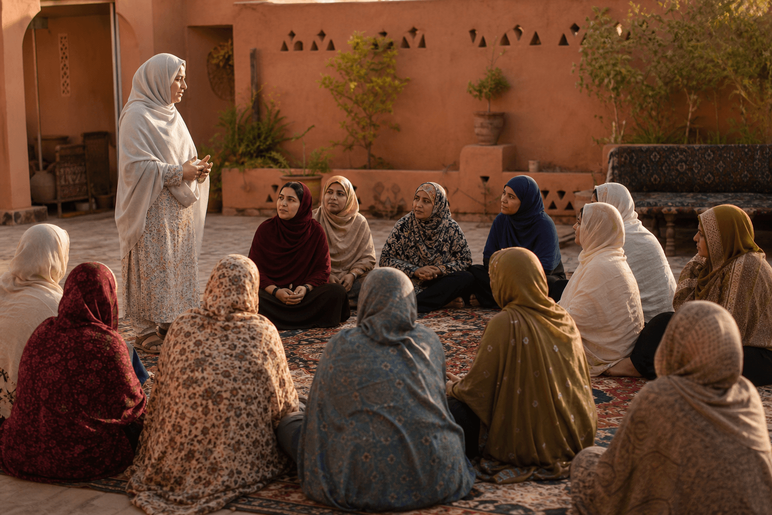 Illustrated scene of a women’s community gathering representing WHHO programmes in Bannu